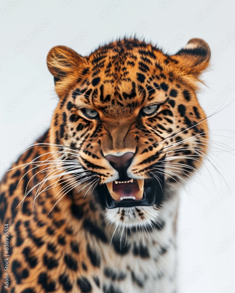 Obraz premium Mystic portrait of Amur Leopard, copy space on right side, Anger, Menacing, Headshot, Close-up View Isolated on white background