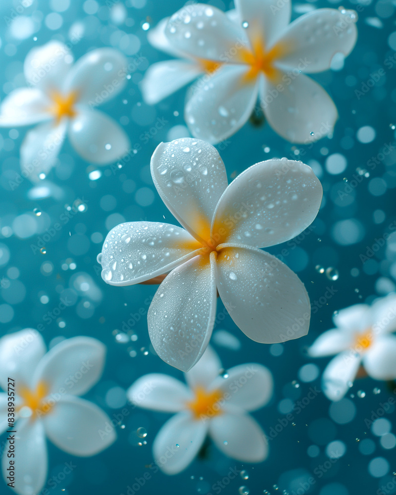 Fototapeta premium A close up of a bunch of white flowers with droplets of water on them. The flowers are arranged in a way that they appear to be floating in the air. Concept of serenity and tranquility
