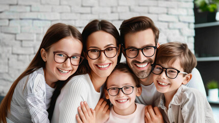 Happy caucasian family of five wearing eyeglasses on light grey background. Smiling mother, father, son and two daughters wearing eyeglasses in various frames. Optics store, family clinic, promotion
