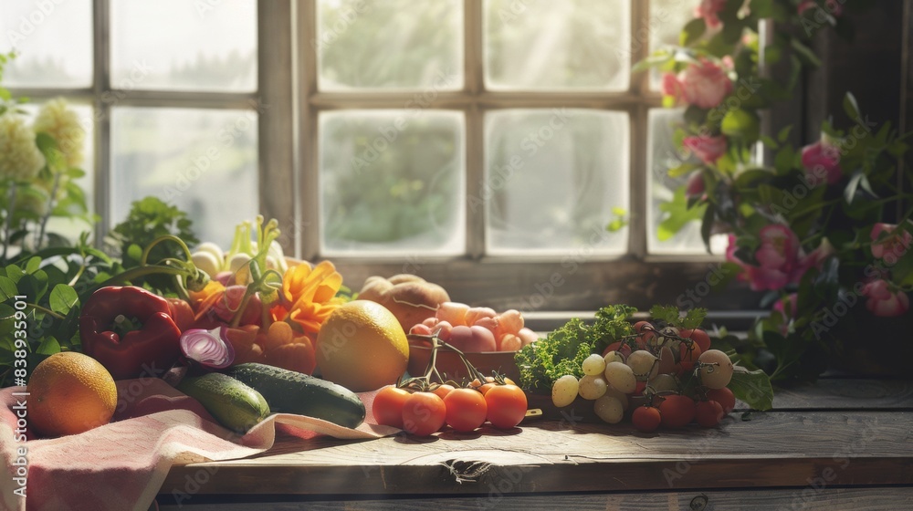 An image of fresh spring produce arranged on a rustic kitchen table, variety of fruits and vegetables, near an open window with a spring view. The background includes light wooden surfaces, soft An image of fresh spring produce arranged on a rustic kitchen table, variety of fruits and vegetables, near an open window with a spring view. The background includes light wooden surfaces, soft