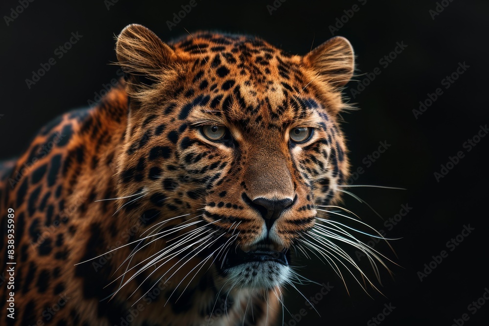 Naklejka premium Mystic portrait of Amur Leopard in studio, copy space on right side, Anger, Menacing, Headshot, Close-up View Isolated on black background