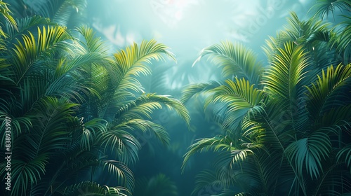 A vibrant image of palm trees in a lush tropical rainforest, with sunlight filtering through the canopy. © Emiliia