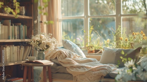 A cozy reading nook, soft cushions, light-colored throw blankets, fresh flowers on a small table, near a large window. The background features a view of a spring garden, light wooden shelves, and