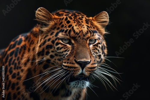 Mystic portrait of Amur Leopard in studio  copy space on right side  Anger  Menacing  Headshot  Close-up View Isolated on black background