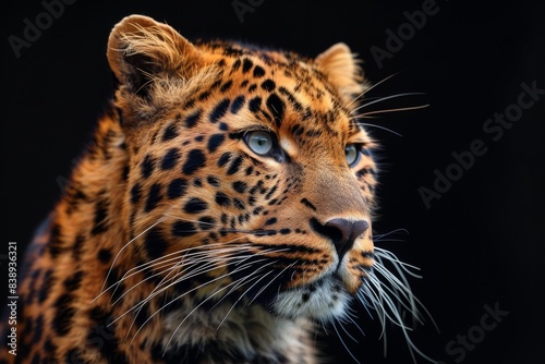 Mystic portrait of Amur Leopard in studio, copy space on right side, Anger, Menacing, Headshot, Close-up View Isolated on black background