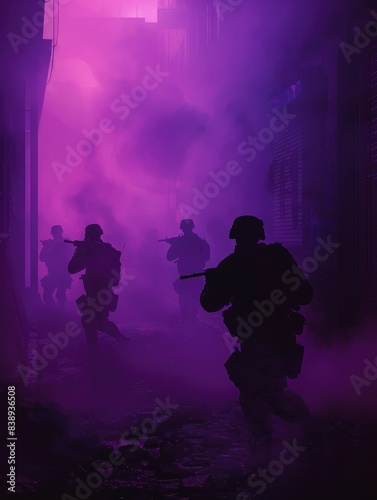 Silhouettes of soldiers fighting in the street  dark purple foggy background.