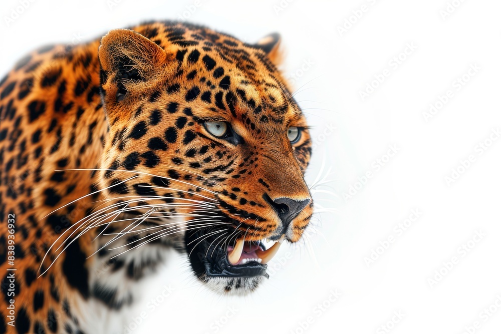 Mystic portrait of Asian Leopard in studio, copy space on right side, Anger, Menacing, Headshot, Close-up View Isolated on white background Mystic portrait of Asian Leopard in studio, copy space on right side, Anger, Menacing, Headshot, Close-up View Isolated on white background