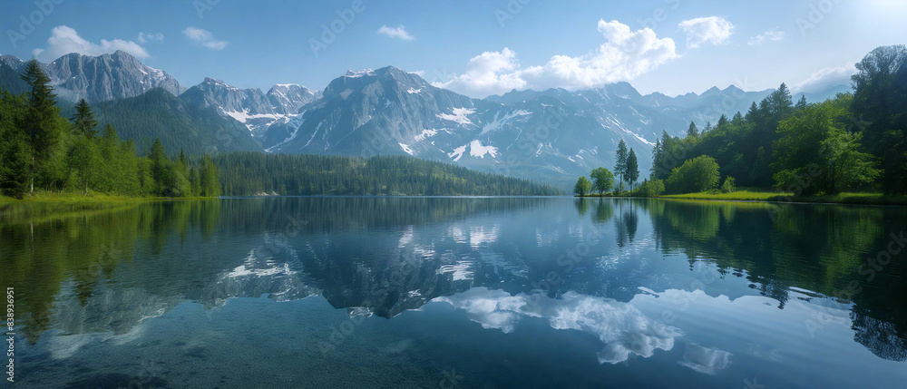 静まり返った湖に映し出された静謐な山の風景 静まり返った湖に映し出された静謐な山の風景