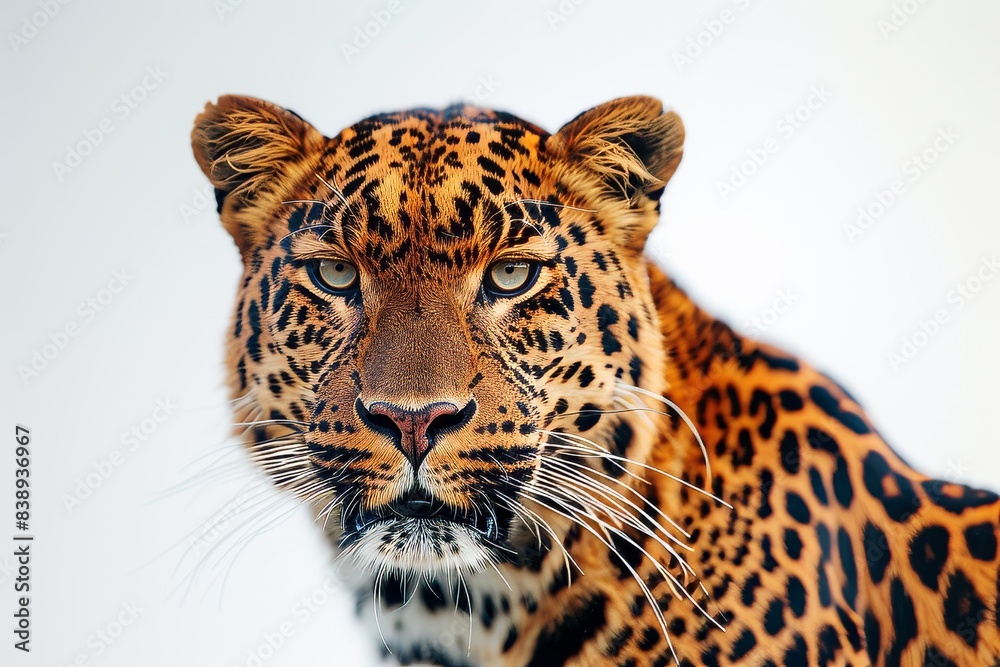 Obraz premium Mystic portrait of Asian Leopard in studio, copy space on right side, Anger, Menacing, Headshot, Close-up View Isolated on white background
