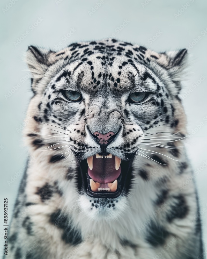 Obraz premium Mystic portrait of Snow Leopard, copy space on right side, Anger, Menacing, Headshot, Close-up View Isolated on white background