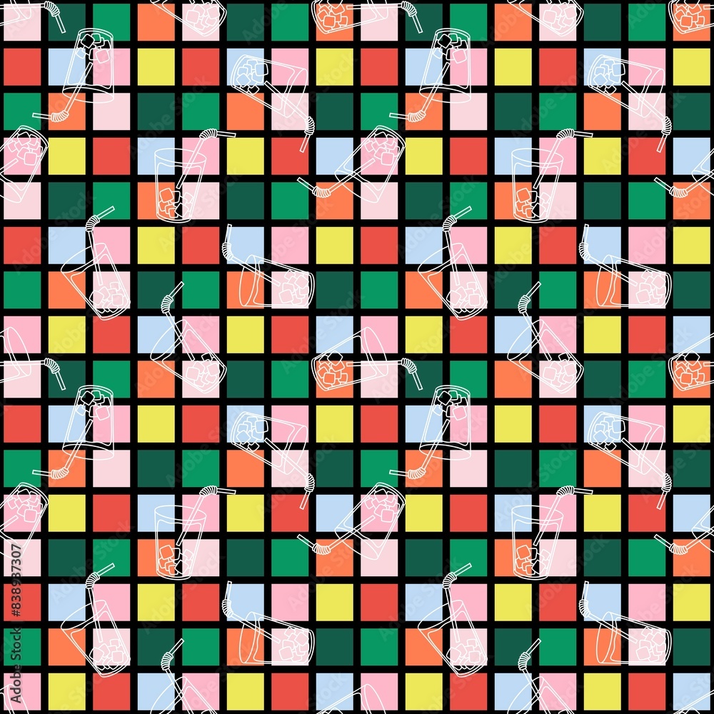 Fototapeta premium Summer drink seamless cocktails cartoon ice pattern for wrapping paper