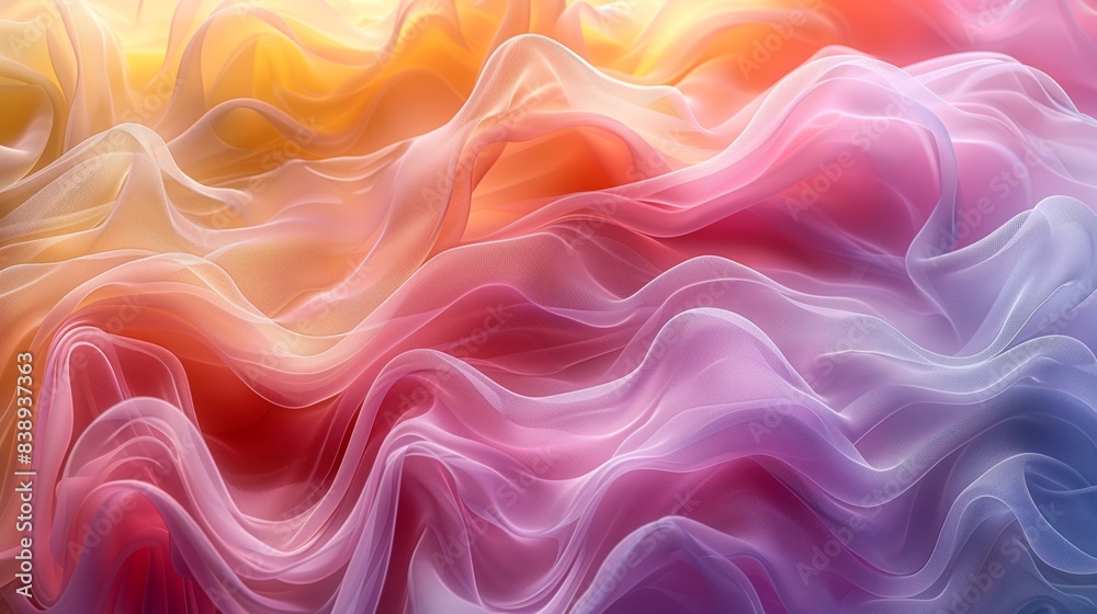 Obraz premium A close-up view of delicate, colorful tulle fabric with a gradient mesh pattern, showcasing a vibrant ombre effect.