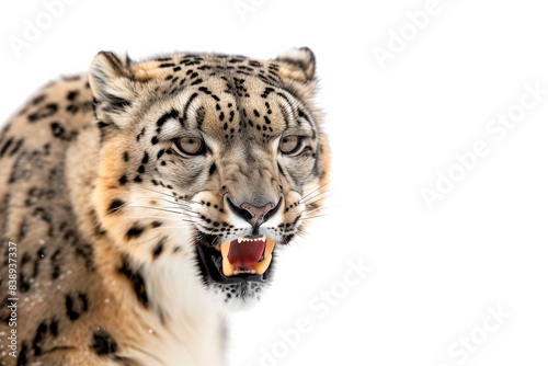 Mystic portrait of Snow Leopard in studio  copy space on right side  Anger  Menacing  Headshot  Close-up View Isolated on white background