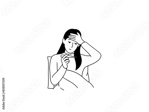 Sick woman checking her body temperature