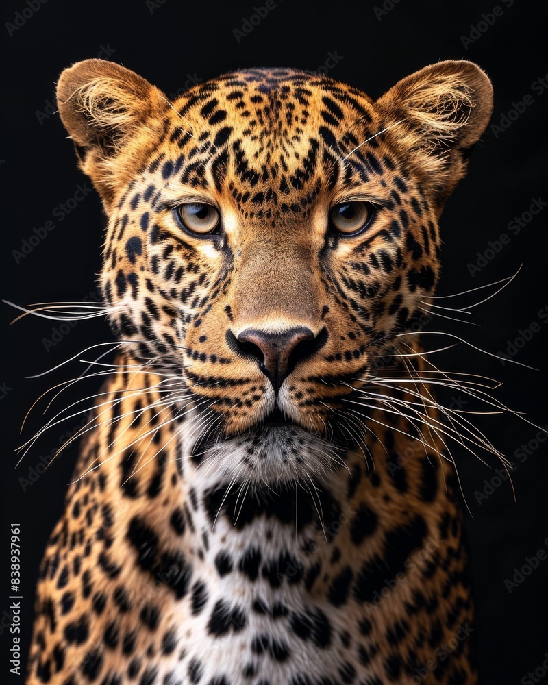 Obraz premium the African Leopard, portrait view, white copy space on right Isolated on black background