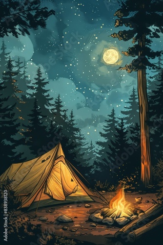 Wallpaper Mural Starry Night Camping in the Forest with a Tent and Campfire Under the Moonlight - Tranquil Wilderness Adventure Torontodigital.ca