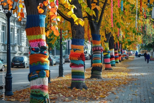 Yarnbombing Trees, Benches, Knitting Street art, Colorful Crochet on City Street photo