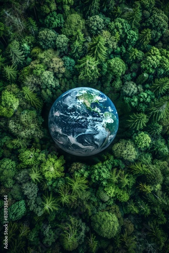Aerial View of Earth Surrounded by Lush Green Forests - Environmental Conservation and Nature Protection Concept