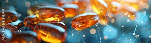 Close-Up of Transparent Gel Capsules with Abstract Background of Molecular Structures and Light Effects