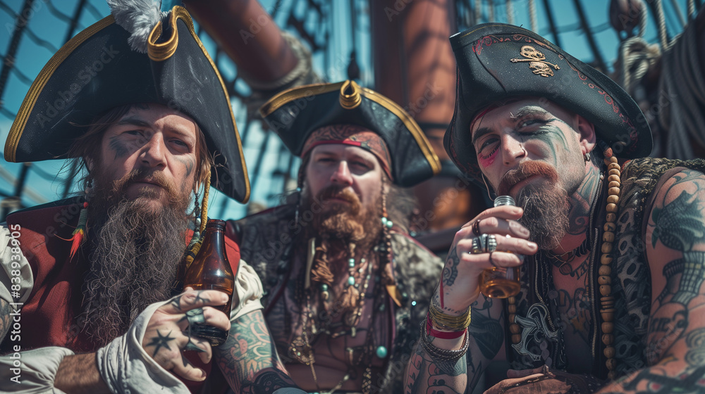 Fototapeta premium Three tattooed men dressed as pirates are talking on the wooden deck of a ship, holding a bottle in their hands.