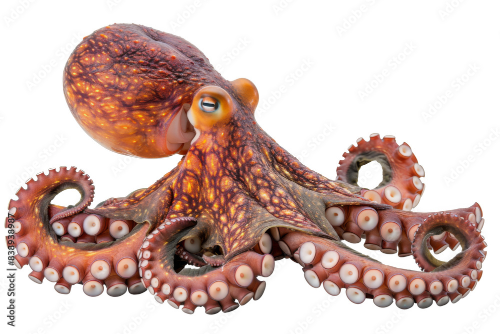Obraz premium A large octopus with orange and brown spots is shown on a white background