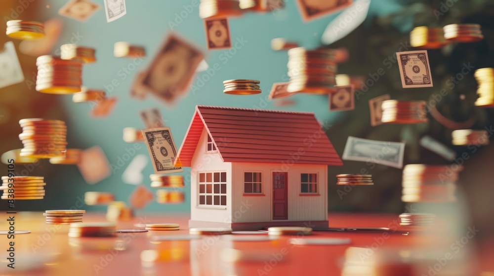 A 3D render illustrating stacks of coins and banknotes floating around a house A 3D render illustrating stacks of coins and banknotes floating around a house