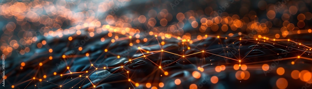 Abstract Digital Network Background with Glowing Orange Nodes and Connections on a Dark Surface, Representing Technology, Communication, and Data Transfer in a Modern, Futuristic Setting