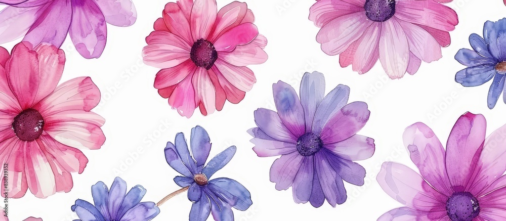 Vibrant Watercolor Flowers on White Background, Colorful Floral Pattern, Pink and Purple Blossoms, Artistic Botanical Illustration, Decorative Design for Prints, Textiles, and Home Decor