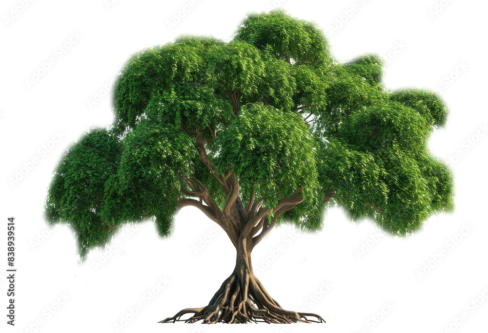 Fototapeta premium Lush, green tree with widespread branches and dense foliage isolate on transparent background, cutout, png