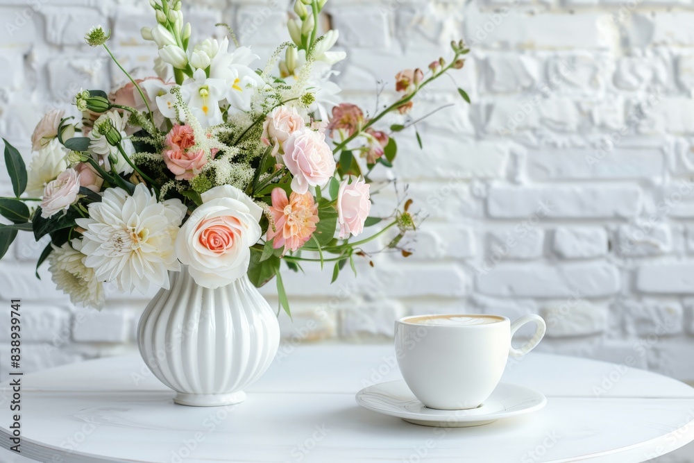 White Table with Flower Bouquet, Coffee Cup on White Brick Wall Background, Morning Greeting Card White Table with Flower Bouquet, Coffee Cup on White Brick Wall Background, Morning Greeting Card