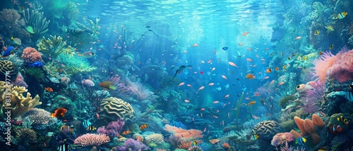 A beautiful, serene seascape showcases a vibrant coral reef teeming with a variety of fish in a futuristic underwater world