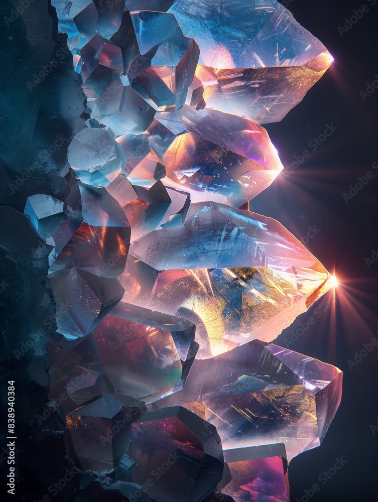 Obraz premium Glowing quartz crystal cluster with magical light flares, iridescent mineral geode in dark background, fantasy gemstone background