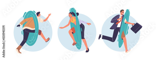 People Teleporting Through Portals. Vector Image Shows Characters In Motion, Including A Casual Person, Woman