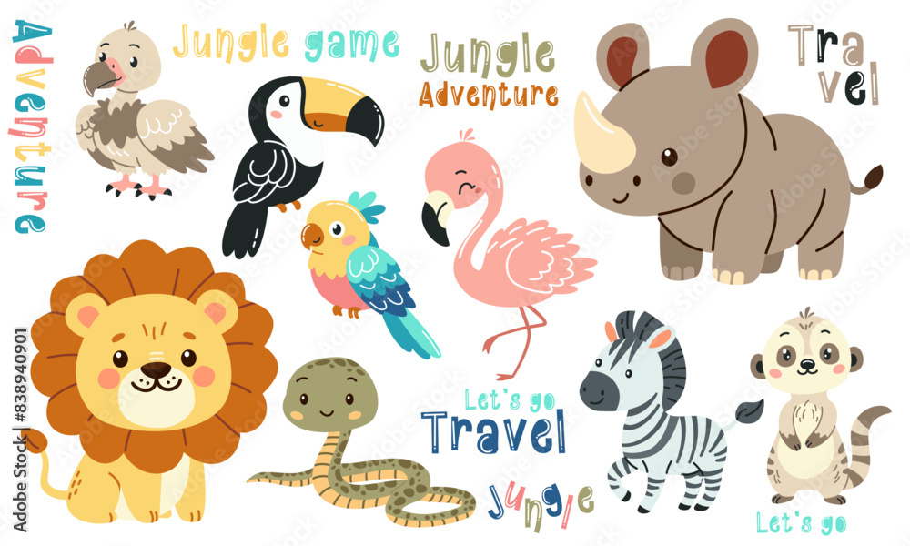 Fototapeta premium Set of flat vector illustrations in children's style of savannah animals. Cute rhinoceros lemur lion flamingo toucan vulture vulture snake zebra parrot tiger giraffe leopard cheetah lettering. Vector