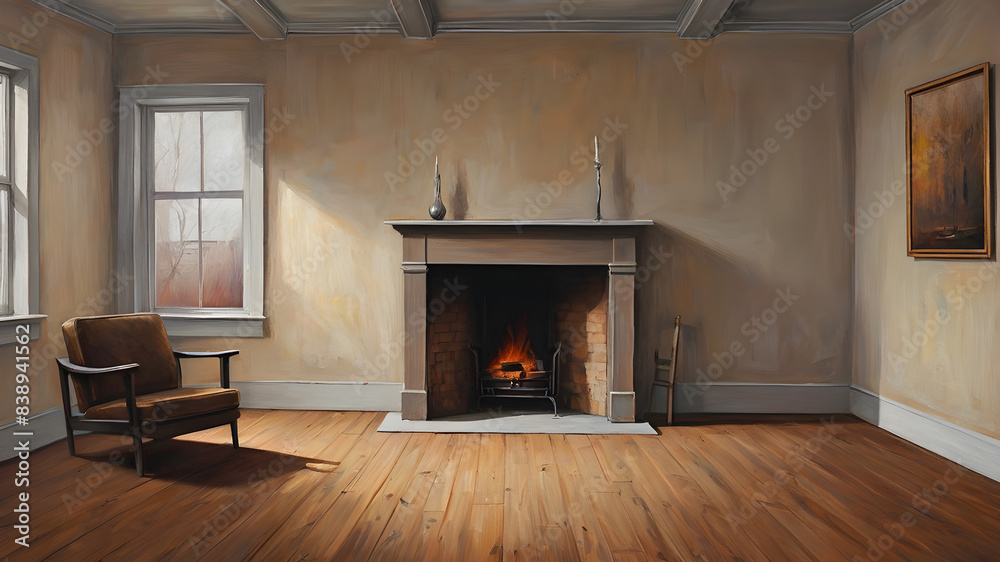 A humble, almost empty living room, with an unsanded wooden floor, there is a fireplace and a table with two chairs next to the window; A bare light bulb hangs from the ceiling. A humble, almost empty living room, with an unsanded wooden floor, there is a fireplace and a table with two chairs next to the window; A bare light bulb hangs from the ceiling.