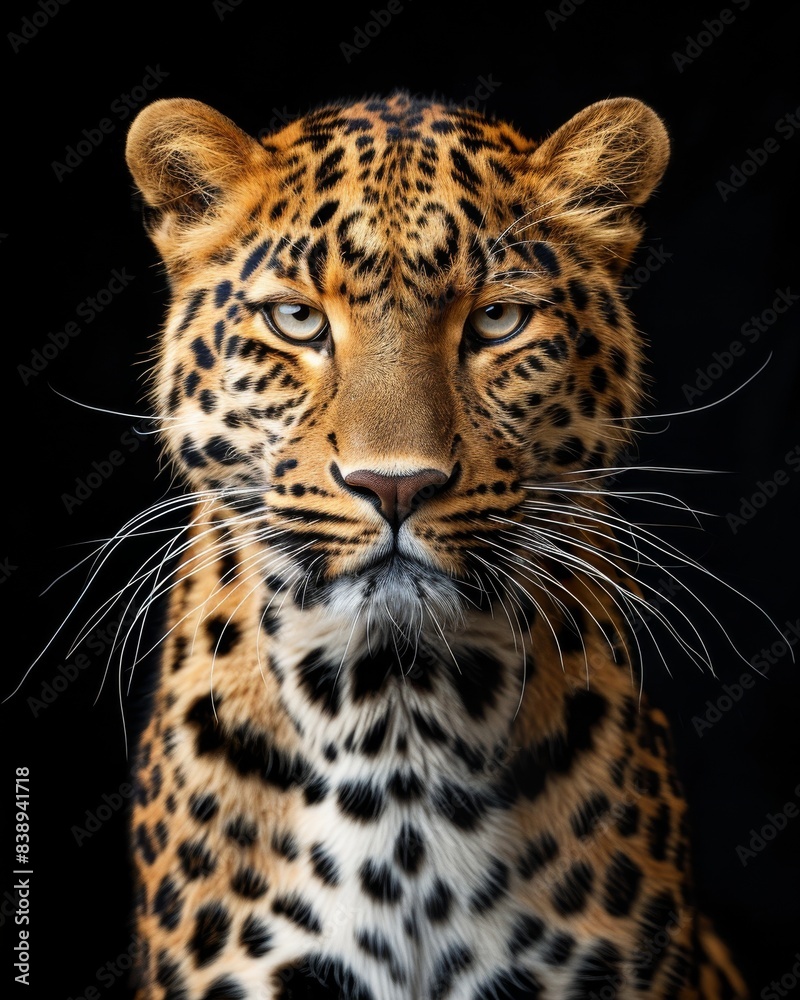 Fototapeta premium theAsian Leopard , portrait view, white copy space on right Isolated on black background