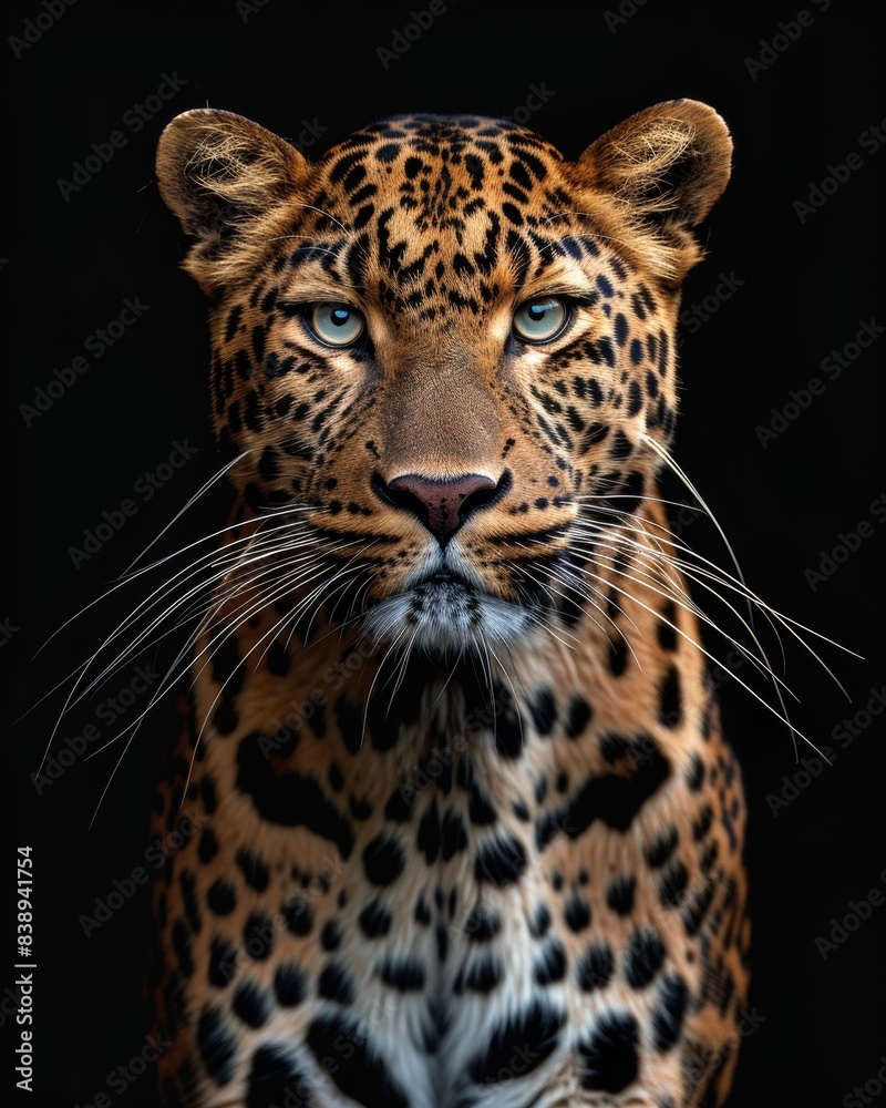 theAsian Leopard , portrait view, white copy space on right Isolated on black background theAsian Leopard , portrait view, white copy space on right Isolated on black background