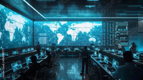 A futuristic earthquake response center monitors seismic activity with advanced prediction algorithms photo