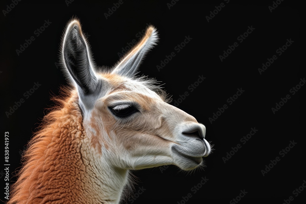 Mystic portrait of Llama, copy space on right side, Anger, Menacing, Headshot, Close-up View Isolated on black background