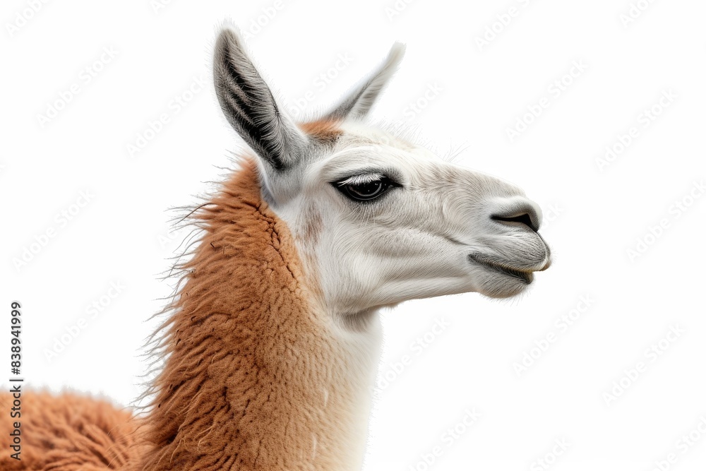 Obraz premium Mystic portrait of Llama, copy space on right side, Anger, Menacing, Headshot, Close-up View Isolated on white background
