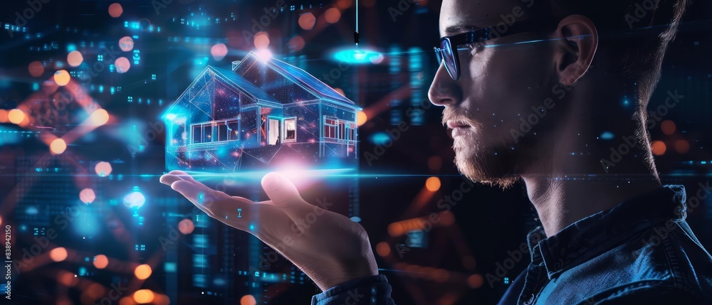 A futuristic man with a holographic house in his hand, showcasing advanced technology in real estate and smart homes A futuristic man with a holographic house in his hand, showcasing advanced technology in real estate and smart homes