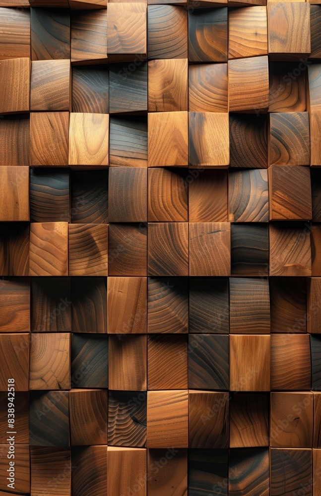 A wall of wooden tiles with a geometric pattern, giving the illusion that they form squares 