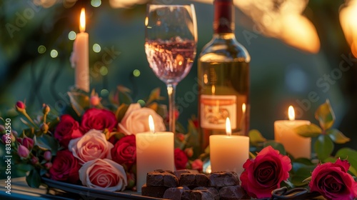 a luxury tray with candles  red and pink roses  chocolates and wine  the mood is relaxing  the scene is outdoors and is inviting