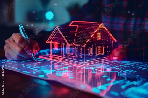 A futuristic scene featuring a sleek, digital house model on the table, with a person signing a holographic contract for a smart home purchase, insurance, or mortgage loan