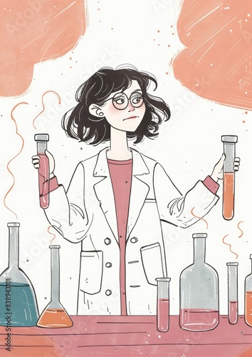 Scientist in lab coat with test tubes, Hand-drawn illustration of young scientist, Laboratory research with test tubes and flasks