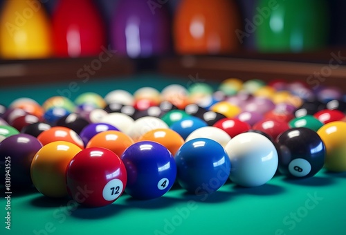 Solid Many colorful billiard balls and cue. Sport activity play leisure hobby. Generate Ai