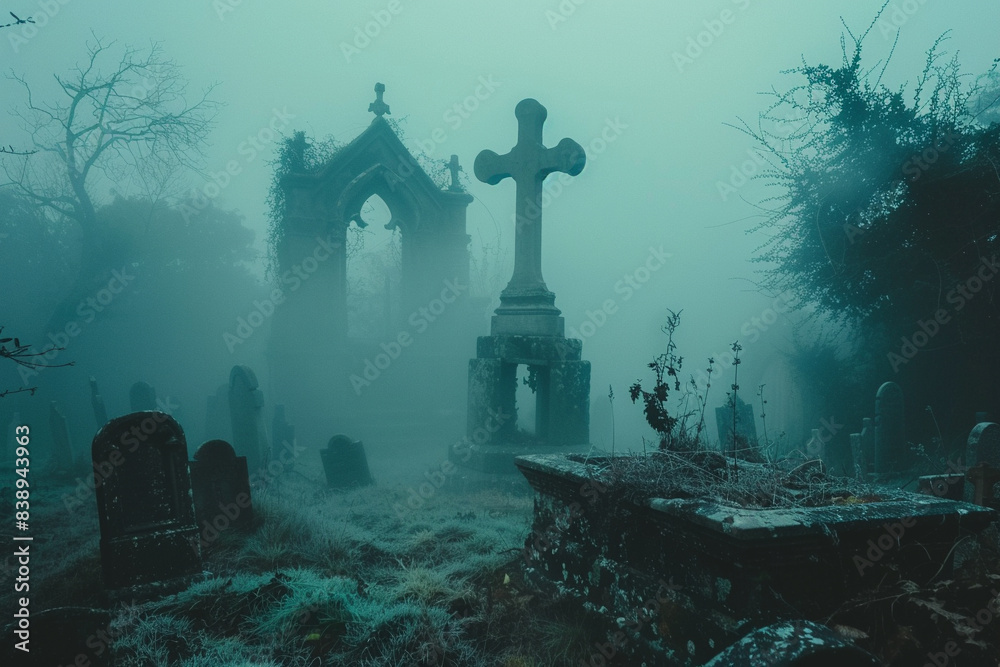A ghostly mist hovering over an old graveyard, with tombstones barely visible through the fog A ghostly mist hovering over an old graveyard, with tombstones barely visible through the fog