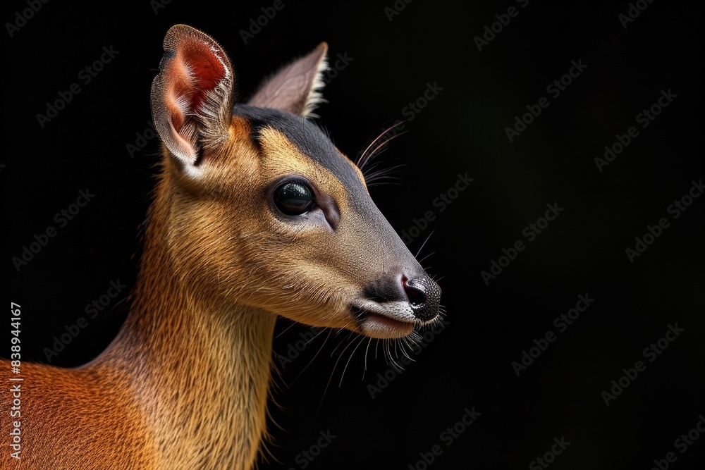 Obraz premium Mystic portrait of Muntjac, copy space on right side, Anger, Menacing, Headshot, Close-up View Isolated on black background