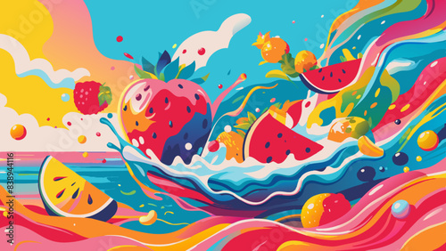 Vibrant, Colorful Fruit Explosion Illustration with Ocean Waves