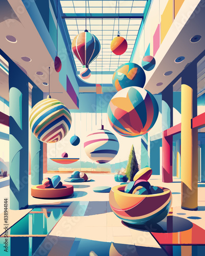 Colorful Surreal Shopping Mall Interior with Floating Ornaments
